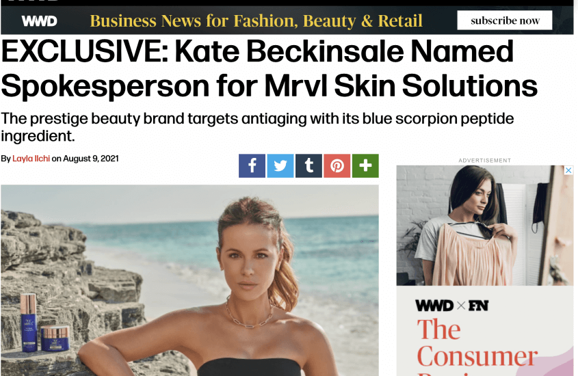 scorpion rick is proud to announce kate beckinsale as the Spokesperson for Mrvl Skin Solutions